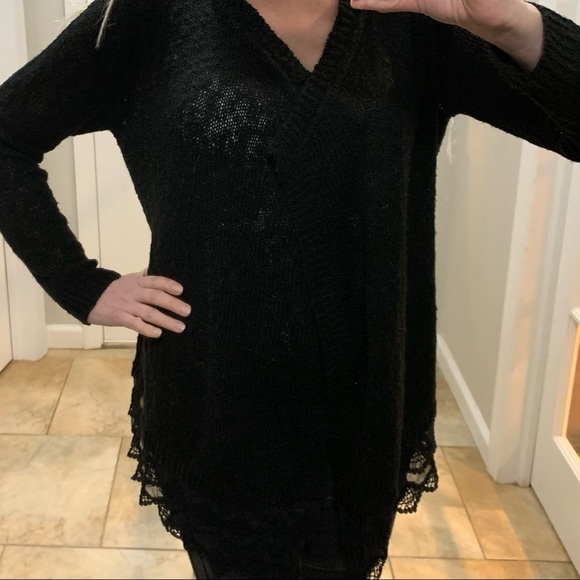 Signature Studio Long Black Cardigan Sweater with Lace Trim - Picture 2 of 7